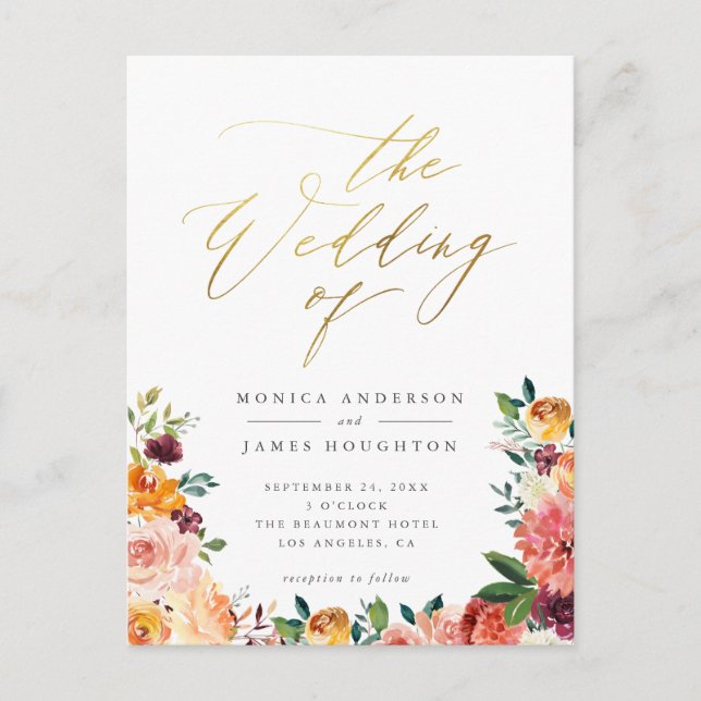 Elegante Gold Script Watercolor Blumenhochzeit Einladungspostkarte (Vorderseite)
