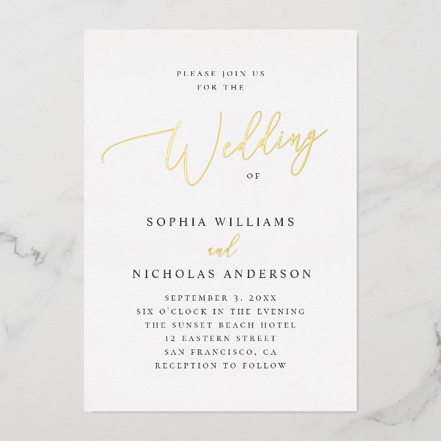 Elegante Gold Script Wedding | Minimalistisch Clas Folieneinladung (Vorderseite)