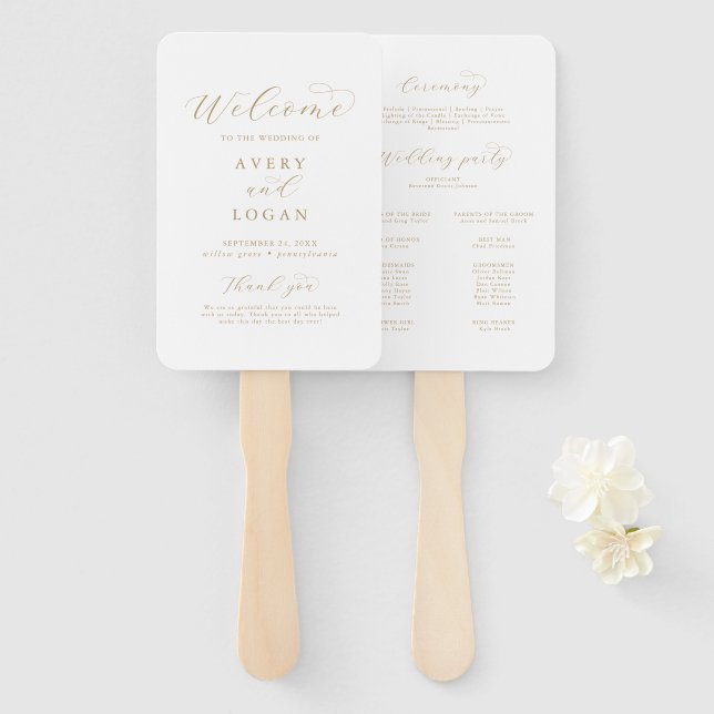 Elegante Gold Script Wedding Program Hand Fan Fächer (Vorne und Hinten)