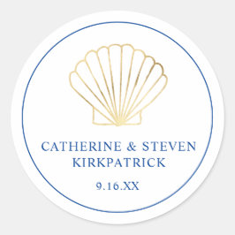 Elegante Gold Seashell Beach Blue White Wedding Runder Aufkleber