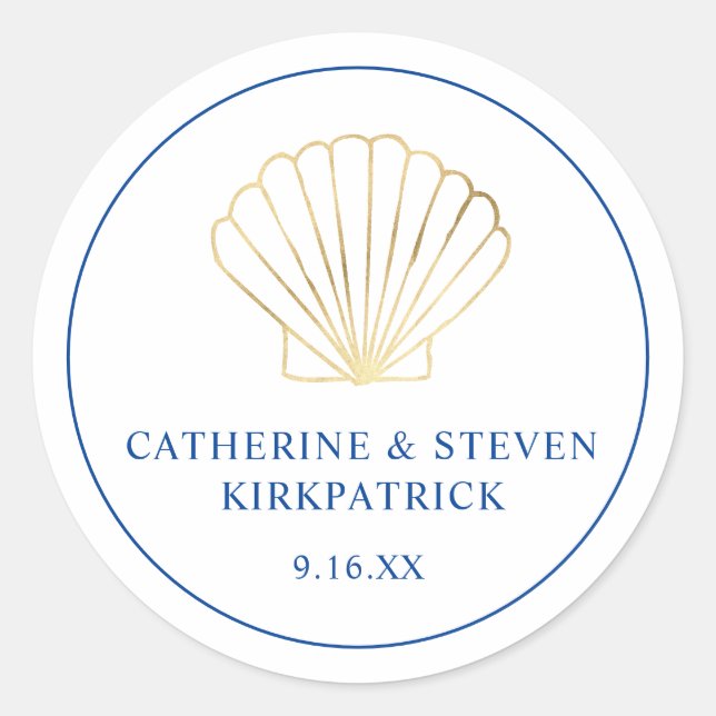 Elegante Gold Seashell Beach Blue White Wedding Runder Aufkleber (Vorderseite)