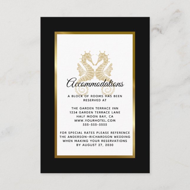 Elegante Gold Seepferde Hochzeitsunterkünfte Begleitkarte (Vorderseite)