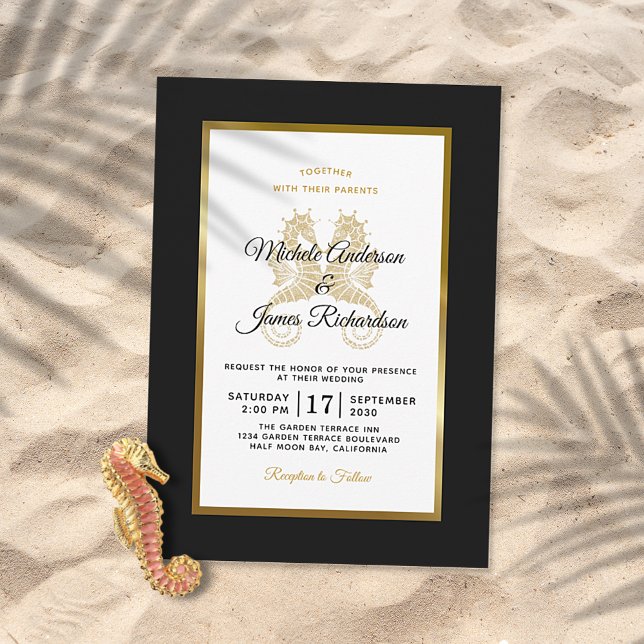 Elegante Gold Seepferde Moderne tropische Hochzeit Einladung (Von Creator hochgeladen)