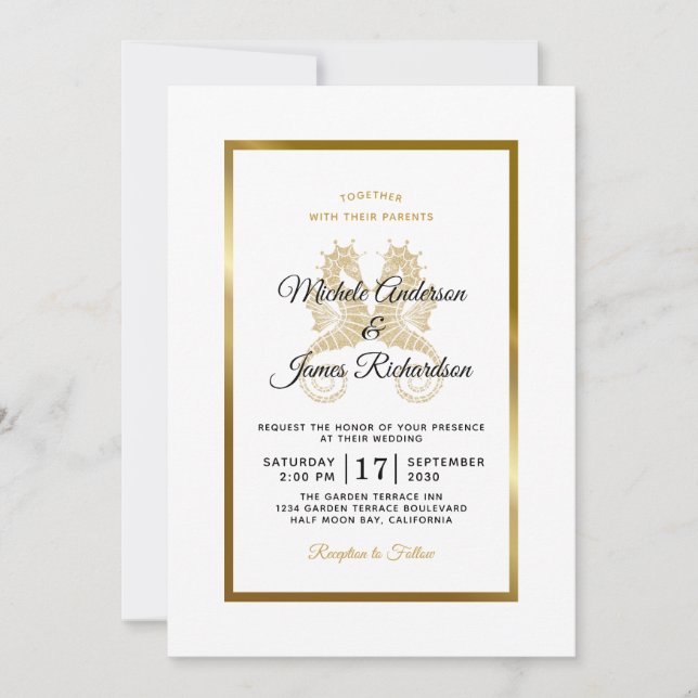 Elegante Gold Seepferde Tropical Wedding Einladung (Vorderseite)
