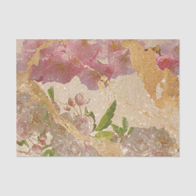 Elegante Gold Shimmer Blumendekoupage Seidenpapier (Vorderseite)