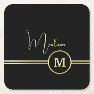 Elegante Gold-Signatur-Monogramm auf Schwarz Rechteckiger Pappuntersetzer