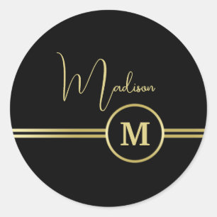 Elegante Gold-Signatur-Monogramm auf Schwarz Runder Aufkleber
