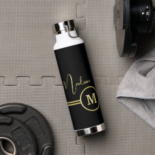 Elegante Gold-Signatur-Monogramm auf Schwarz Trinkflasche