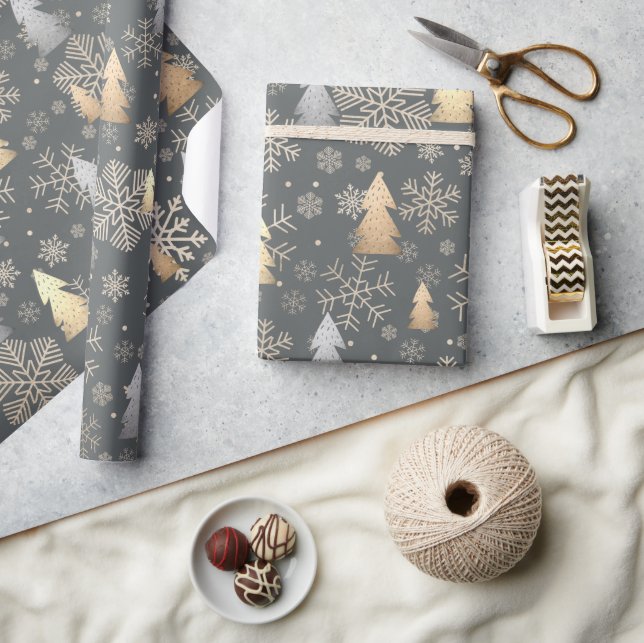 Elegante Gold & Silber Weihnachtsbaum Snowflakes Geschenkpapier (Kunsthandwerk)