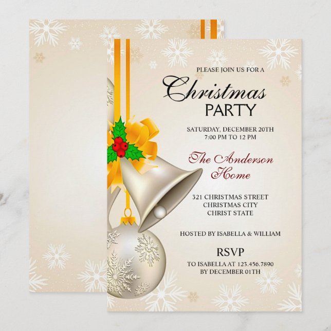 Elegante Gold Silver Bells Weihnachten Einladung (Vorne/Hinten)