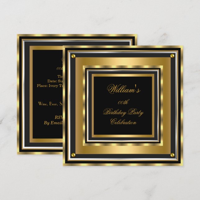 Elegante Gold Silver Black Birthday Party Mans Man Einladung (Vorne/Hinten)
