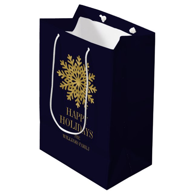 Elegante Gold Snowflake Holiday Gift Bag Mittlere Geschenktüte (Vorderseite Schrägansicht)