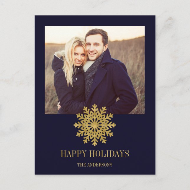 Elégante Gold Snowflake Holiday Photo Carte postal (Devant)