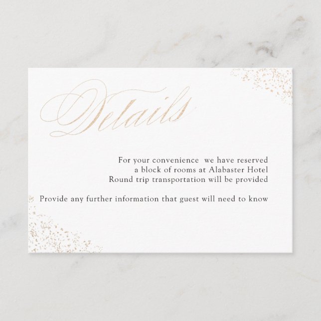 Elegante Gold Speckle Calligrafy Details Begleitkarte (Vorderseite)