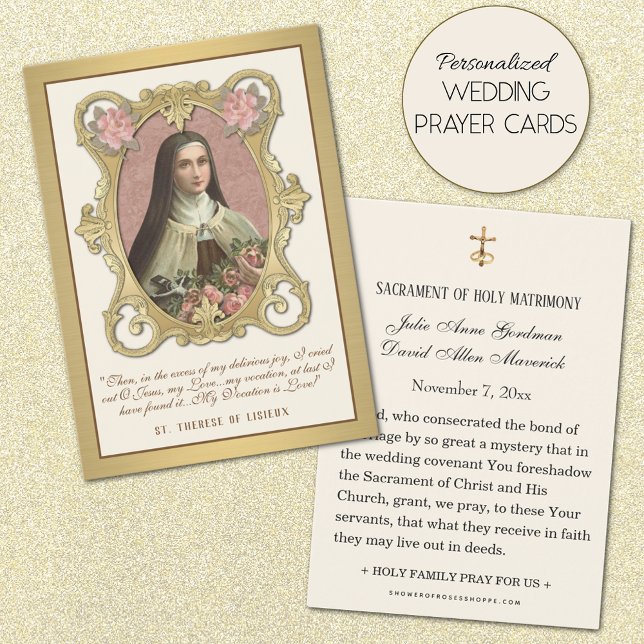 Elégante Gold St. Therese Rose Carte Sainte Mariag (Personalized Catholic Wedding Holy Card with Beautiful Image of St. Therese of Lisieux.)