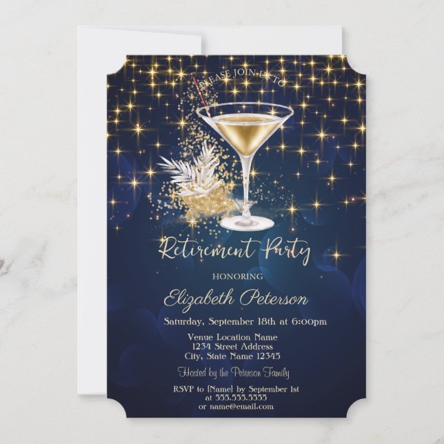 Elegante Gold Stars Champagne Navy Blue Retirement Einladung (Vorderseite)