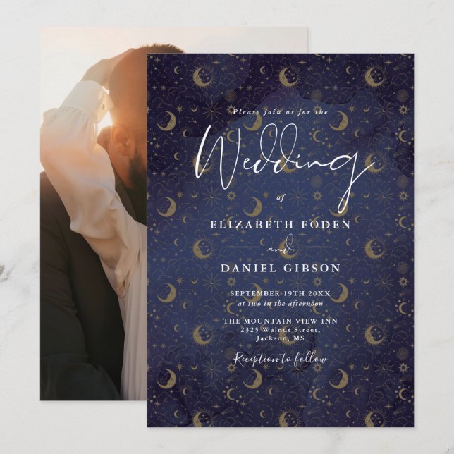 Elegante Gold Stars Moon Foto Celestial Wedding Einladung (Vorne/Hinten)