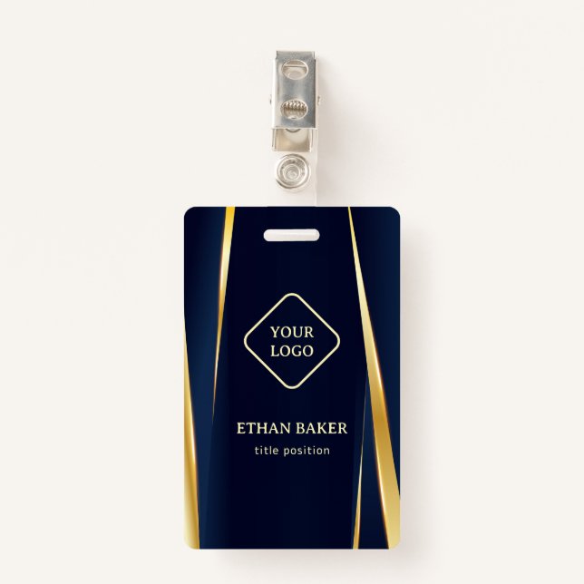 Elegante Gold Streifen Blue Background Ausweis (Vorderseite mit Klammer)
