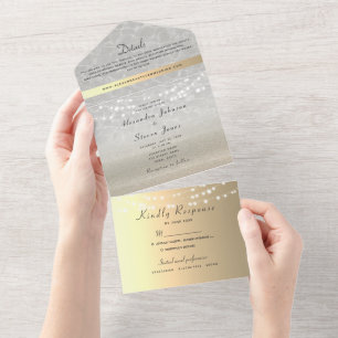 Elegante Gold String Lights Hochzeit All In One Einladung