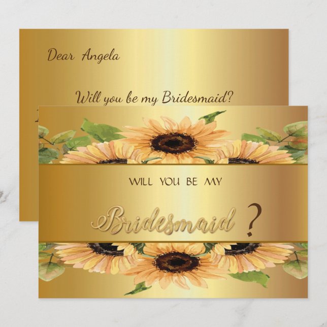 Elegante Gold Sunflowers Bridesmaid Card Einladung (Vorne/Hinten)