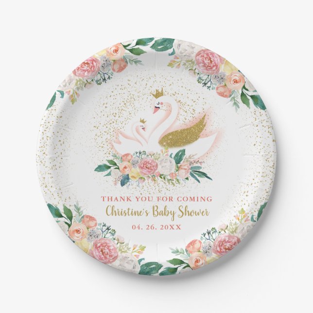 Elegante Gold Swan Princess Pink Floral Baby Showe Pappteller (Vorderseite)