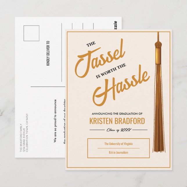 Elegante Gold Tassel Beige Abschluss Ankündigung Postkarte (Vorne/Hinten)