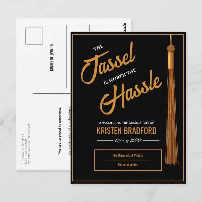 Elegante Gold Tassel Schwarzer Abschluss Ankündigu Postkarte (Vorne/Hinten)