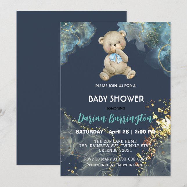 Elegante Gold Teddy Bear Aquarell Babydusche Einladung (Vorne/Hinten)