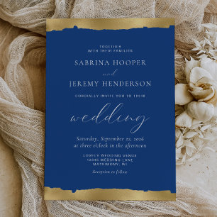 Elegante Gold Torn Edge Indigo Blue Wedding Einladung