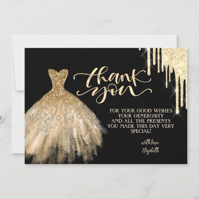 Elegante Gold Tropfen Chic Dress Black Danke Karte (Vorderseite)