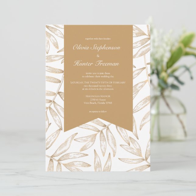 Elegante Gold Tropical Wedding Einladung (Stehend Vorderseite)