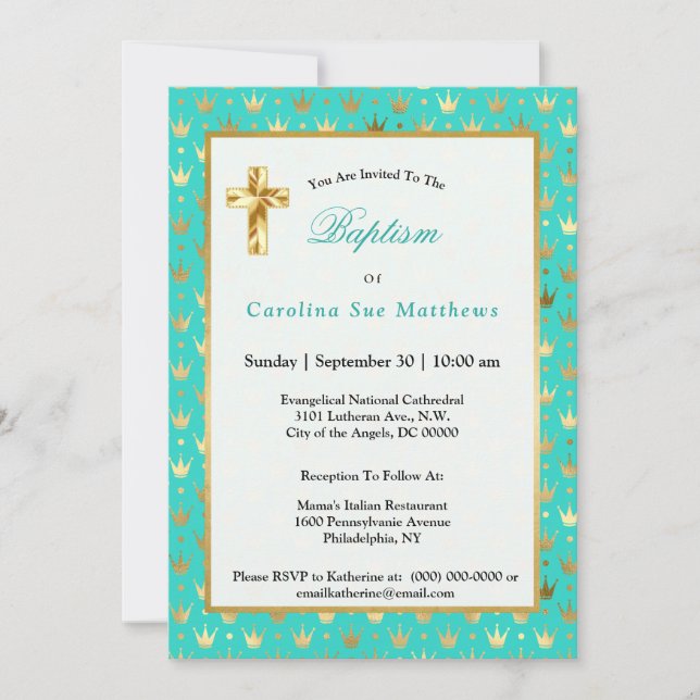 Elegante Gold Turquoise Crown Taptisse Einladung (Vorderseite)