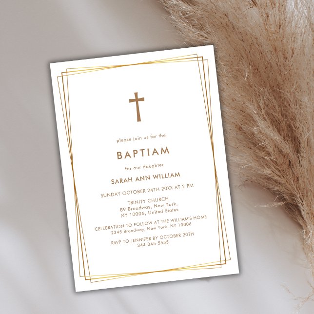 Elegante Gold Typografie Cross Frame Baptisse Einladung (Elegant Gold Typography Cross Frame Baptism Invitation)