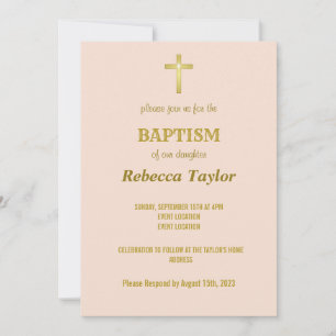 Elegante Gold Typografie Cross Taufen auf Vanilla Einladung