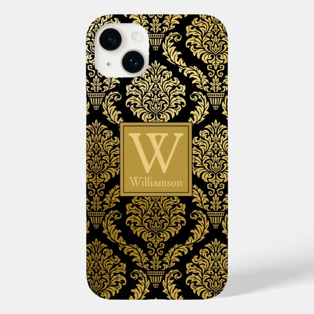 Elegante Gold- und Black Damask Print Personalisie Case-Mate iPhone 14 Plus Hülle (Rückseite)