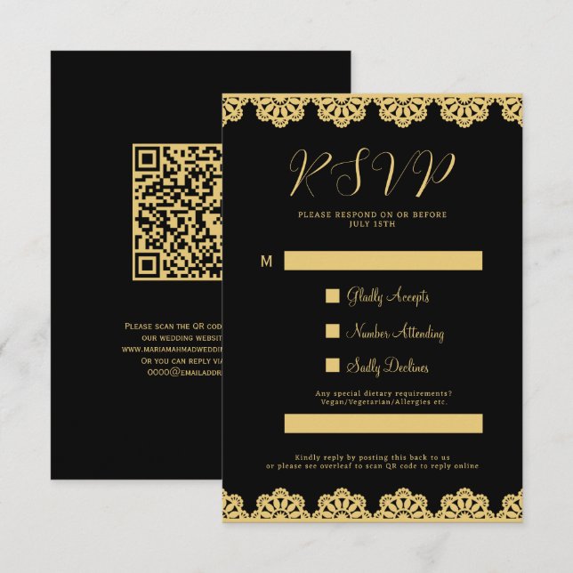 Elegante Gold und Black Islamic QR Code RSVP Card Einladung (Vorne/Hinten)