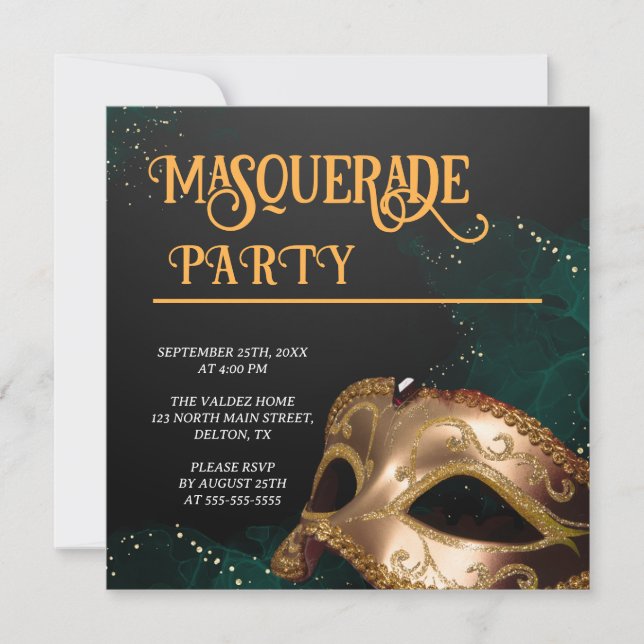 Elegante Gold- und Black Masquerade-Party Einladun Einladung (Vorderseite)
