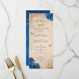 Elegante Gold- und Blaue Rosen Wasserfarben Floral Menükarte