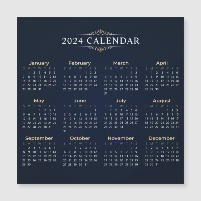 Elegante Gold und Blue 2024 Kalender Magnetkarte (Vorderseite)