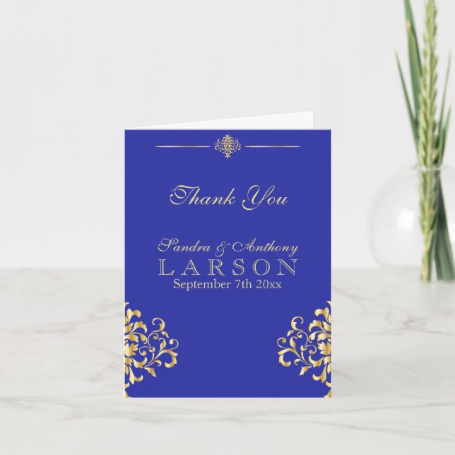 Elegante Gold und Blue Damask Hochzeit Vielen Dank Dankeskarte (Vorderseite)