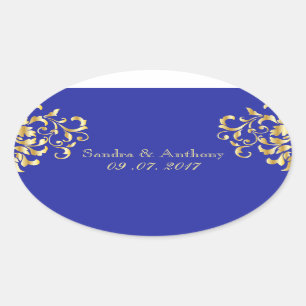 Elegante Gold- und Blue Damask Hochzeitskleber Ovaler Aufkleber