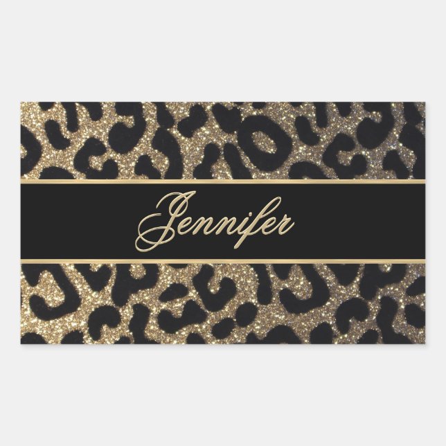 Elegante Gold und Blue Leopard Print Rechteckiger Aufkleber (Vorderseite)