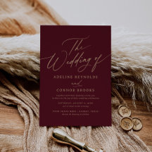 Elegante Gold- und Burgund-Kalligrafie-Hochzeit vo