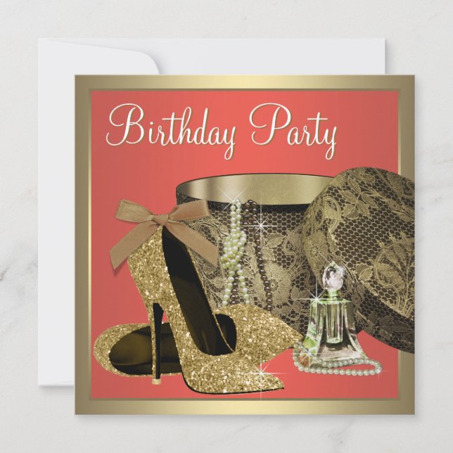Elegante Gold- und Coral Guava Geburtstagsparty Einladung (Vorderseite)