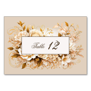 Elegante Gold- und Elfenblumenhochzeit Tischnummer