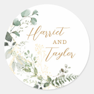 Elegante Gold- und Grün-Eukalyptus-Hochzeit Runder Aufkleber