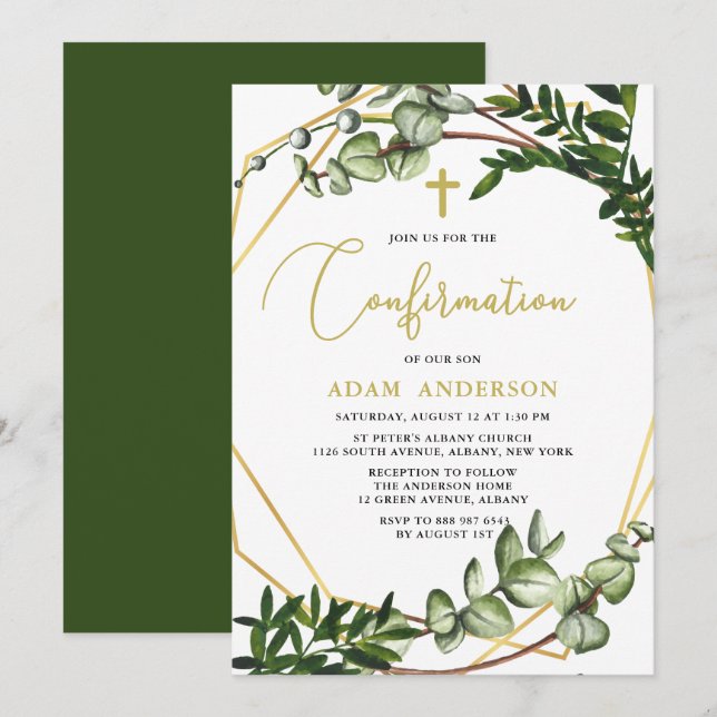 Elegante Gold- und grüne botanische Bestätigung Einladung (Vorne/Hinten)