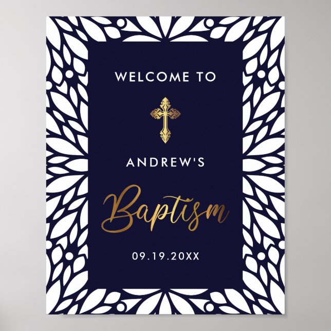 Elegante Gold- und Navy-Blue-Boy-Taufe Willkommen Poster (Vorne)