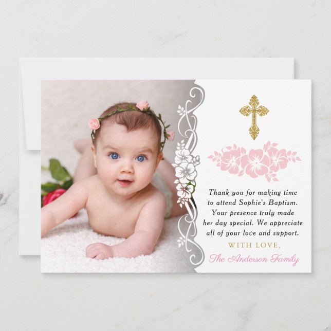 Elegante Gold- und Rosa-Blütenbaby-Taufe Dankeskarte (Vorderseite)