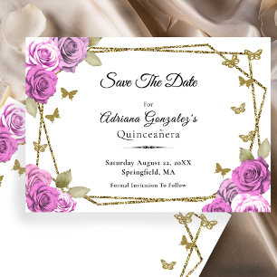Elegante Gold- und rosa Rosen Quinceanera Save The Date